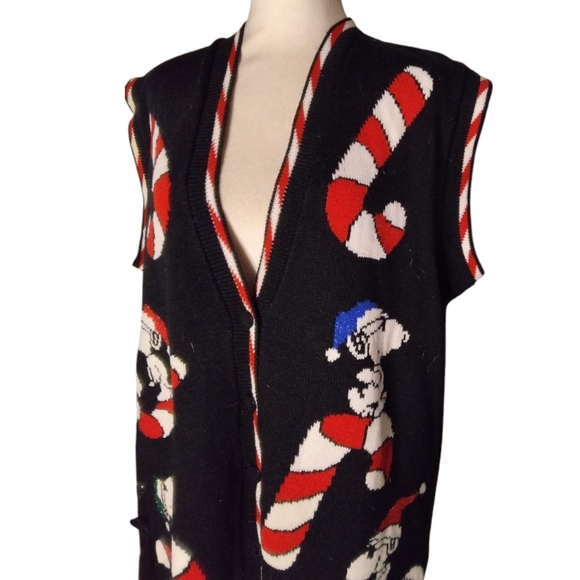 Vintage Snoopy & Friends Candy Cane Knit Button Up Vest Size Medium 20W - Picture 2 of 7